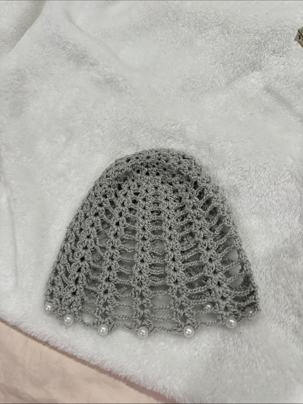 Hand-Crocheted Beaded Gray lace beanie